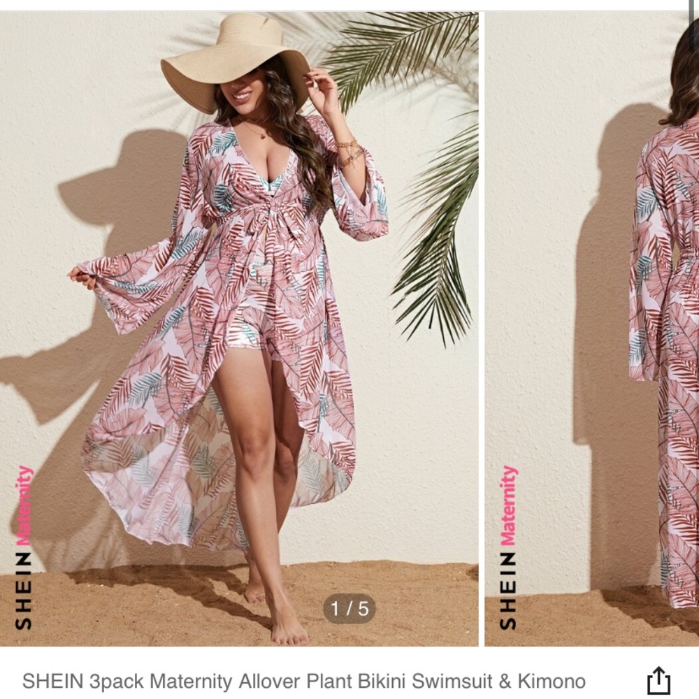 3 piece tropical bikini with boy shorts and kimono